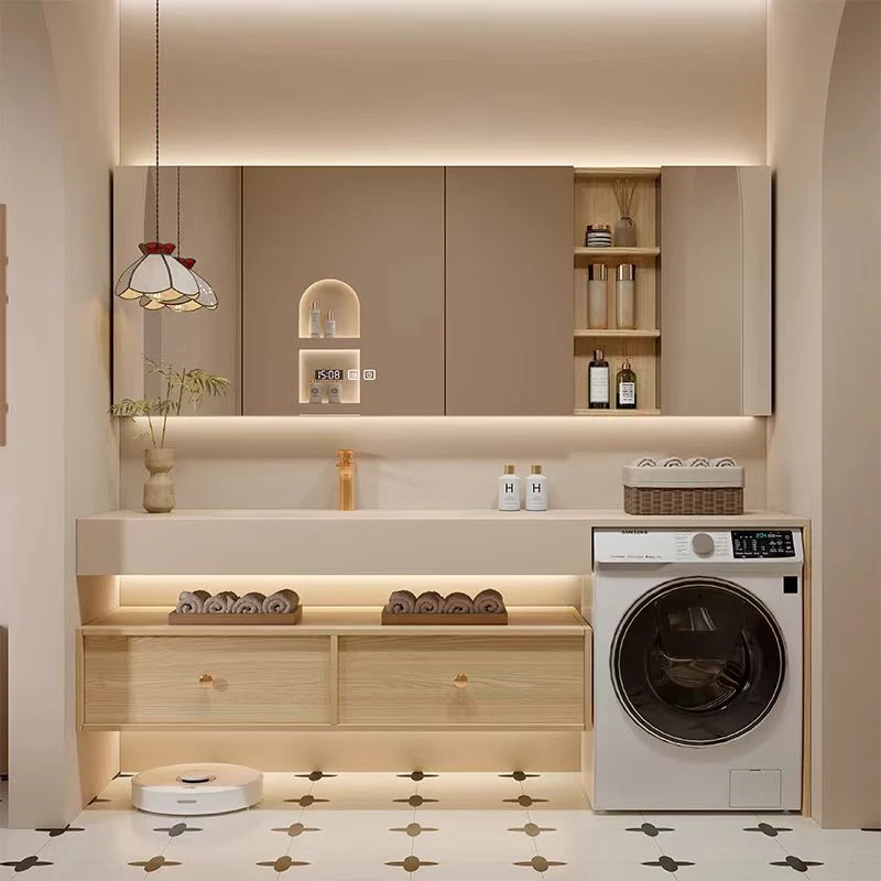 定制轻奢简约洗衣机柜组合岩板一体热弯盆浴室柜洗脸洗手盆柜洗漱