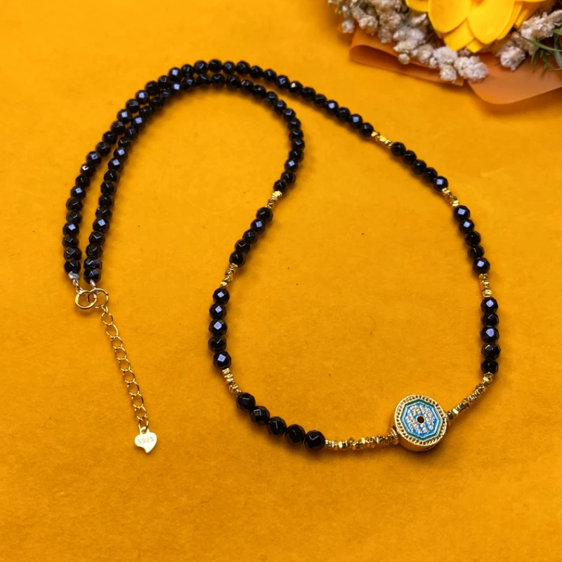 龙年必戴925银龙颈饰山鬼花钱锁骨链黑玛瑙双面图案颈链项链