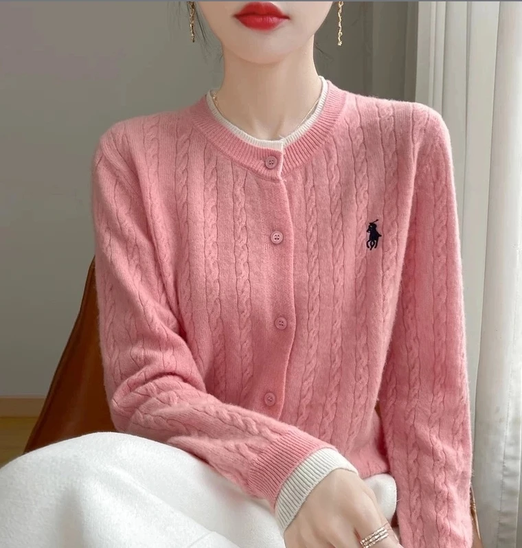 100%羊毛衫女秋冬短款开衫外套休闲针织打底显瘦假两件毛衣时尚