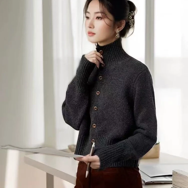100%纯羊毛衫冬季潮流立领开衫外套高领针织衫气质优雅显瘦纯色