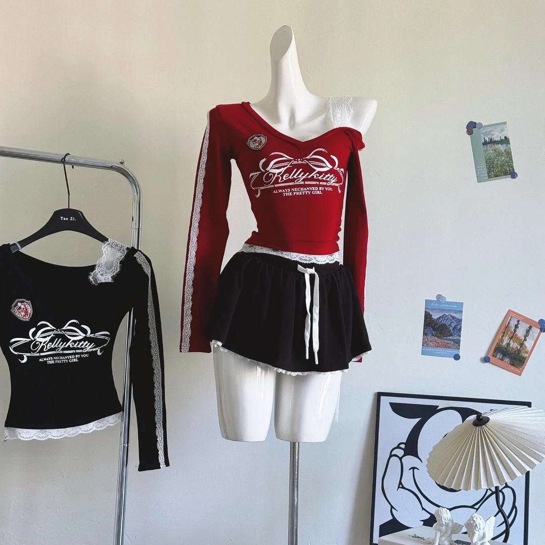 美式复古V领蕾丝T恤女秋冬季长袖内搭打底衫辣妹纯欲风露肩上衣潮