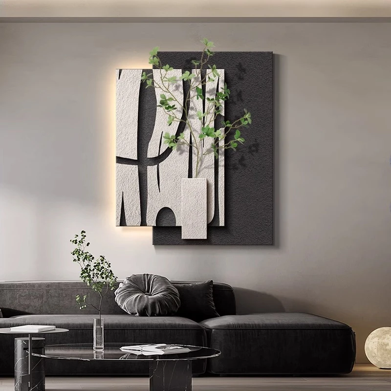 侘寂风客厅装饰画黑白灰抽象沙发背景墙挂画高级感极简玄关壁画