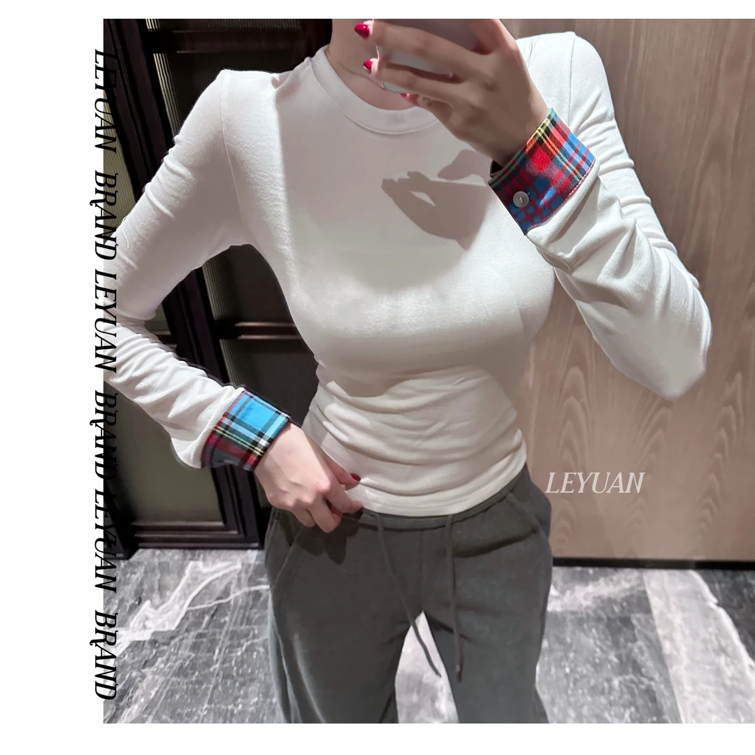 【撞色拼接】LEYUAN·上衣土星拼接格子刺绣长袖t恤女ins洋气百搭