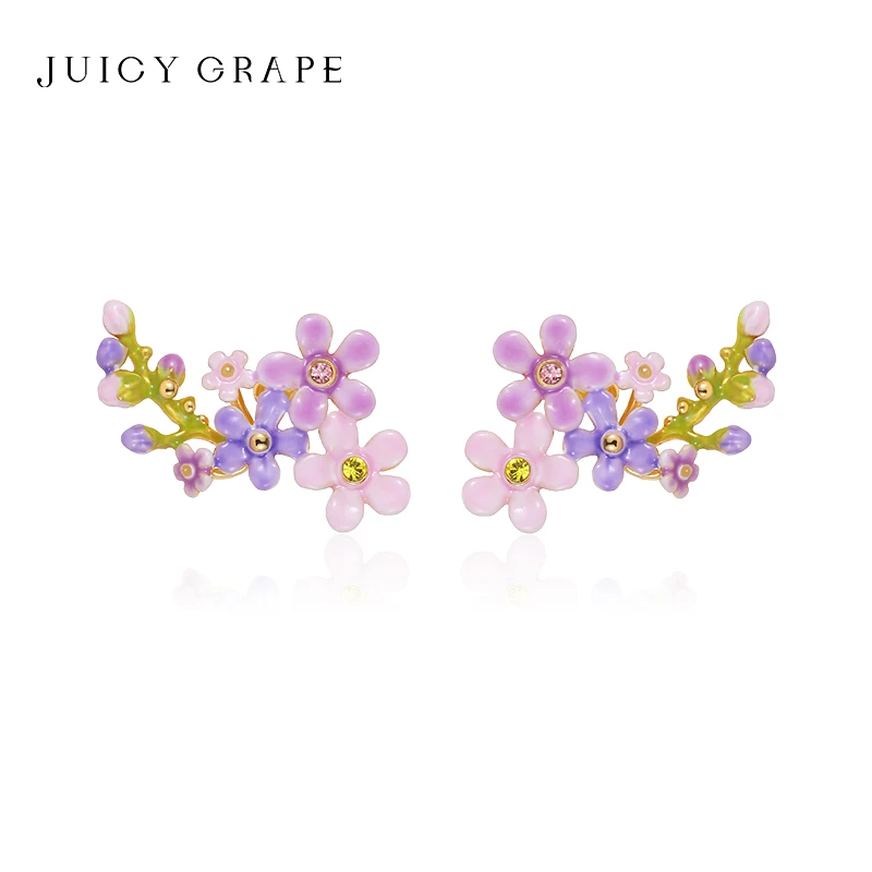 JuicyGrape 铜合金珐琅耳饰 紫粉色勿忘我小花耳钉女法式森系小众