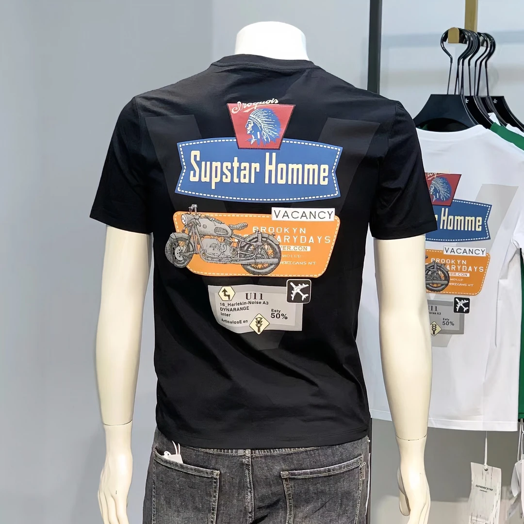 欧洲站夏季新款男装短袖打底衫潮牌圆领修身印花卡通机车摩托上衣