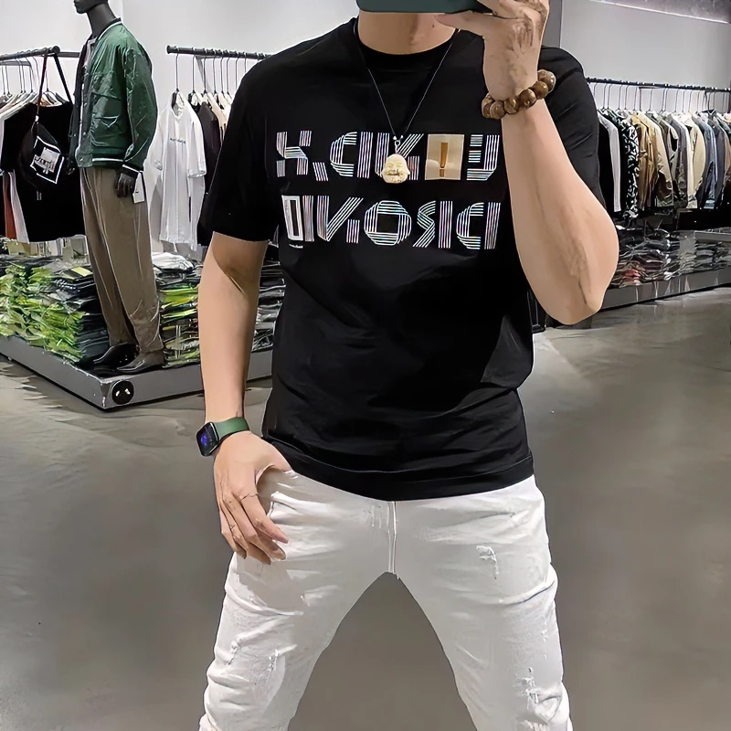 欧洲站潮男夏季爆款印花字母男短袖网红痞帅修身高端圆领男打底衫