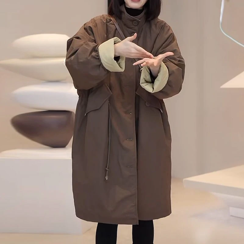 轻奢时尚休闲中长款棉服外套女冬季新款大码宽松夹棉加厚棉衣棉袄