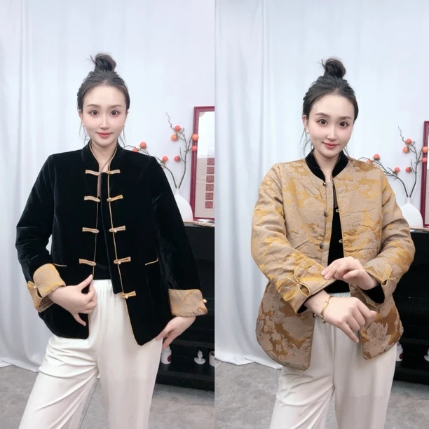 【雨晞女装】新中式早春立领盘扣撞色提花显瘦女外套时尚上衣