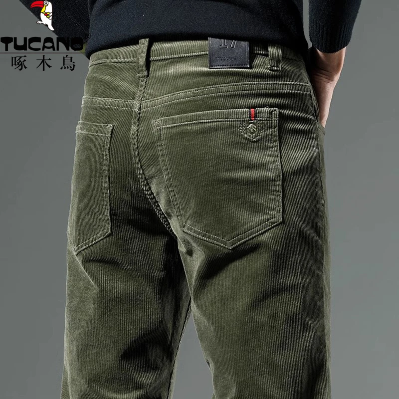 啄木鸟军绿色灯芯绒休闲裤男士商务秋冬款加绒宽松直筒裤子爸爸装