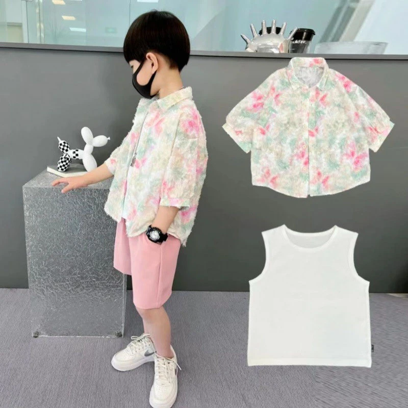 男童夏季衬衫背心套装2024新款中小童韩版短裤清新洋气三件套童装