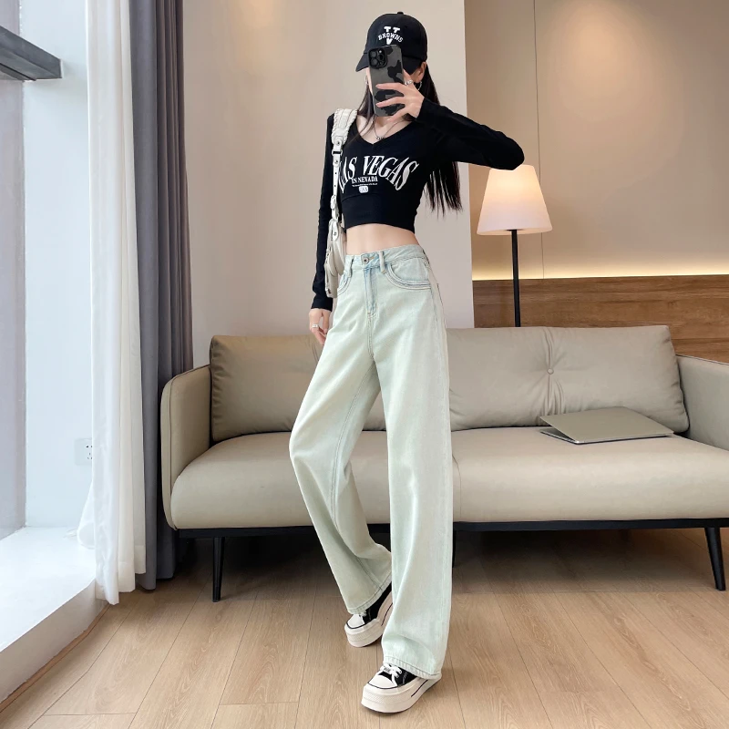2024年美式复古窄版牛仔裤女阔腿高腰显瘦垂感直筒拖地裤