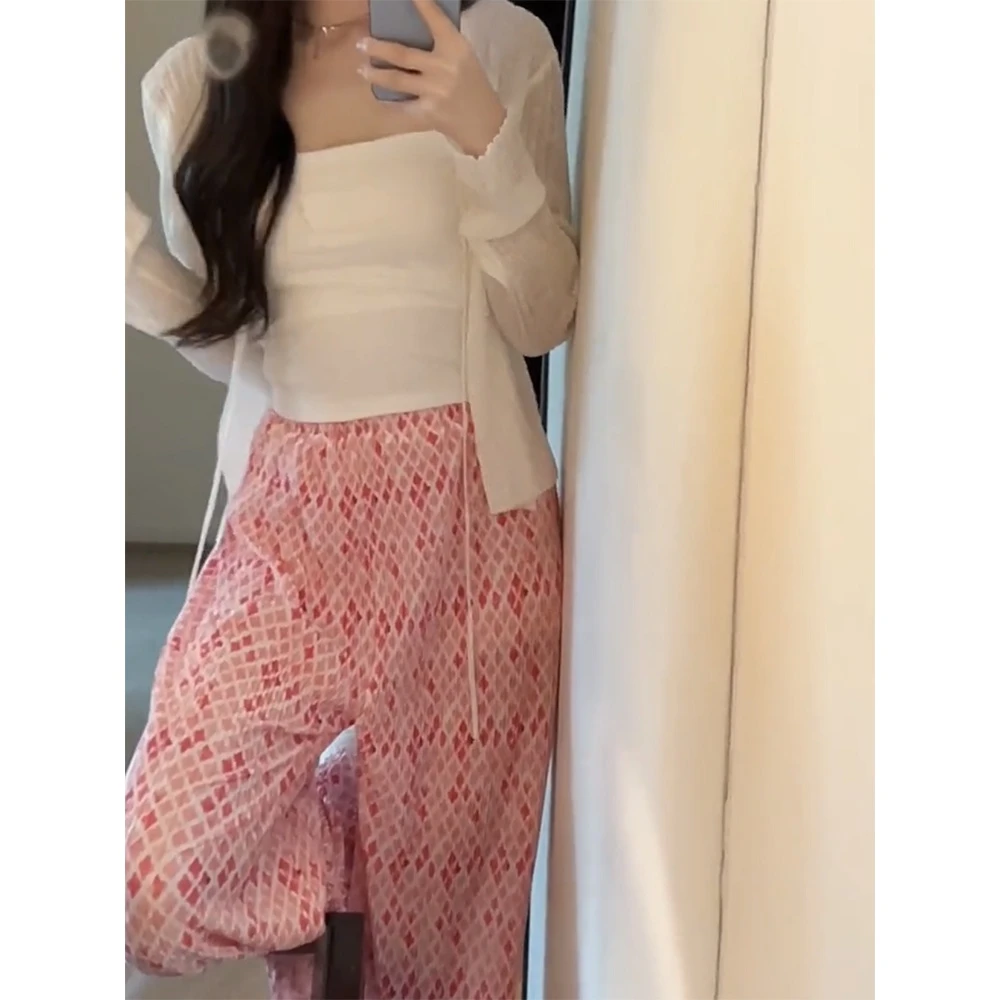 2024新款菱形碎花垂感冰丝阔腿裤女夏高腰显瘦百褶直筒拖地休闲裤