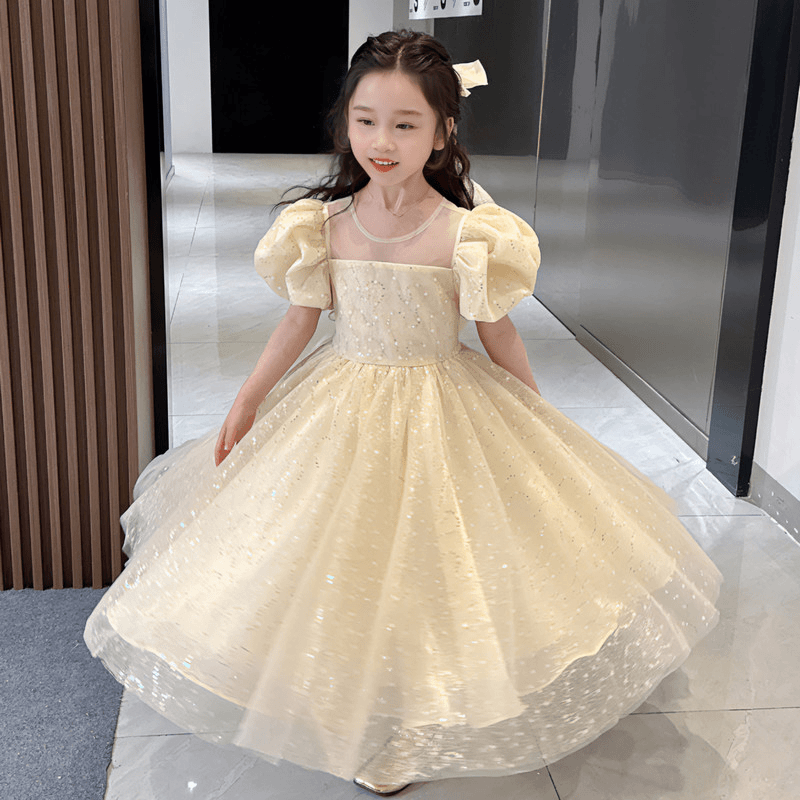 女童夏季连衣裙2024新款洋气儿童亮片公主纱裙女孩夏装泡泡袖裙子