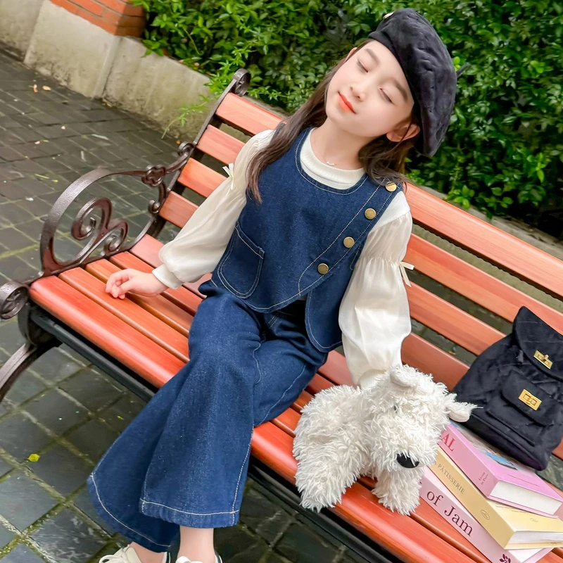 女童牛仔套装春秋季2025新款时髦初秋款洋气宝宝三件儿童秋装森系