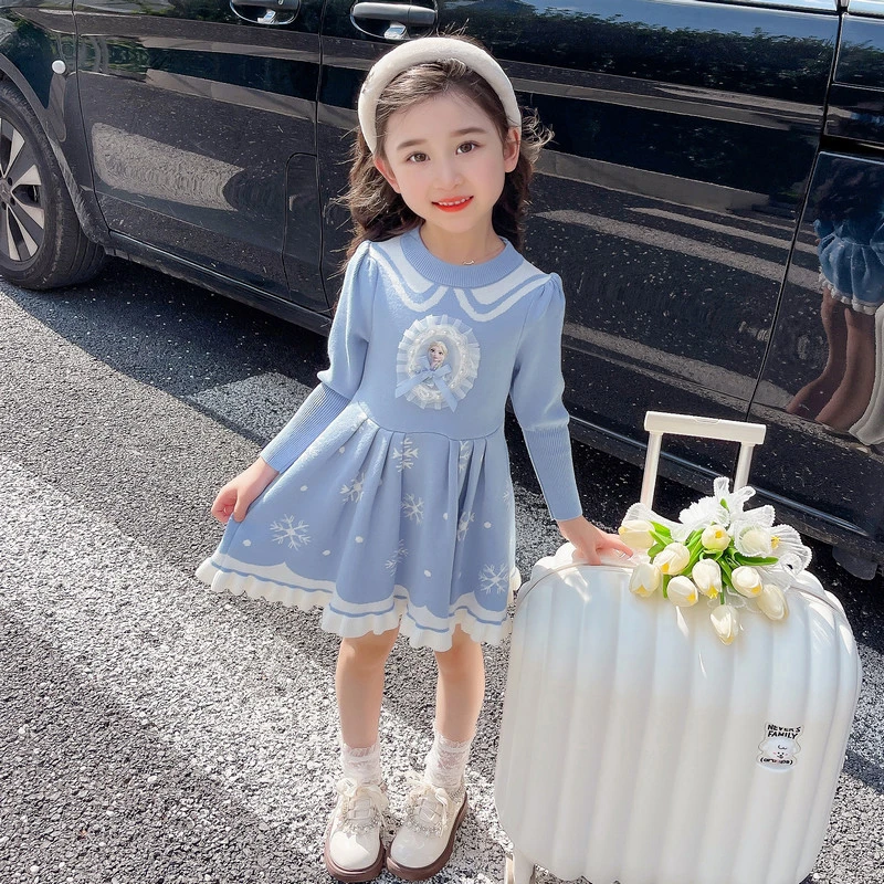 爱莎公主裙女童2025冬装裙子洋气儿童小女孩秋冬毛衣裙艾莎长袖