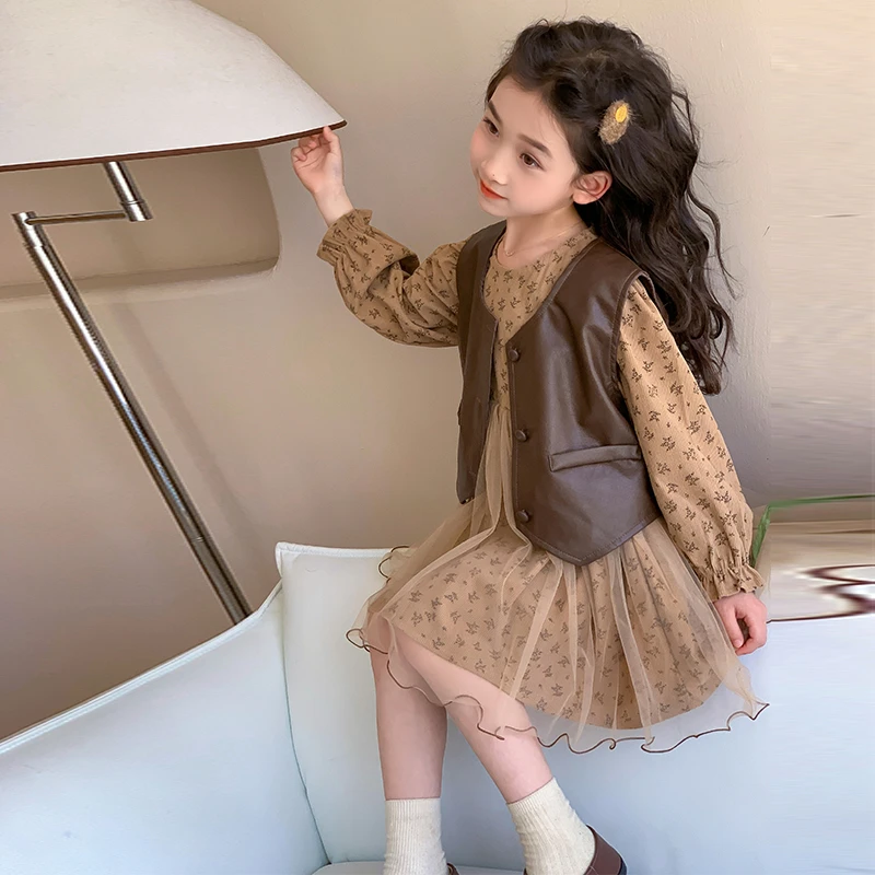 女童皮衣马甲长袖碎花连衣裙套装春秋新款网红复古女童早秋衣服