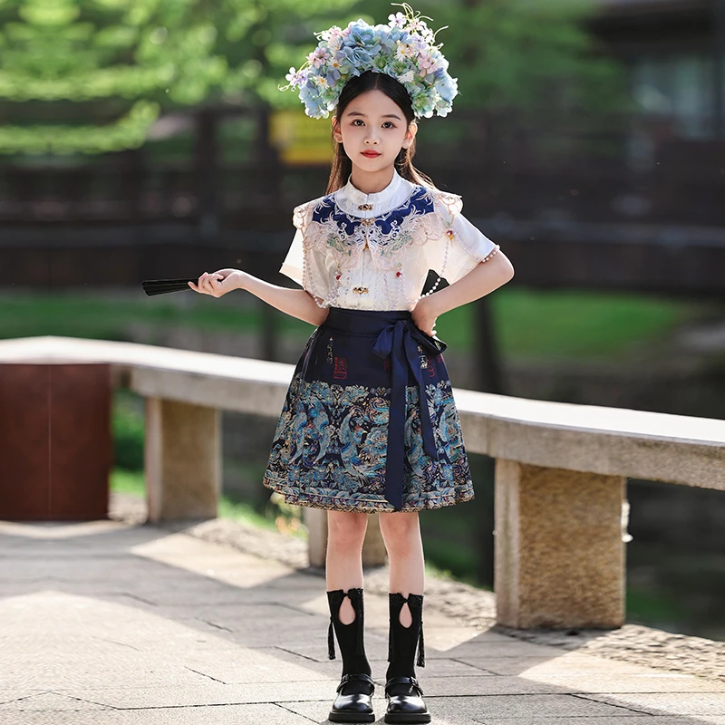 中国风女童马面裙儿童小仙女汉服古装套装薄款夏季长短袖明制唐装