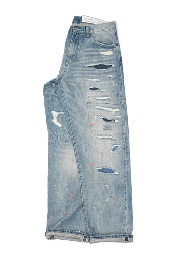 新款NBHO割破洞补丁泼墨定制面料赤耳宽松直筒牛仔裤