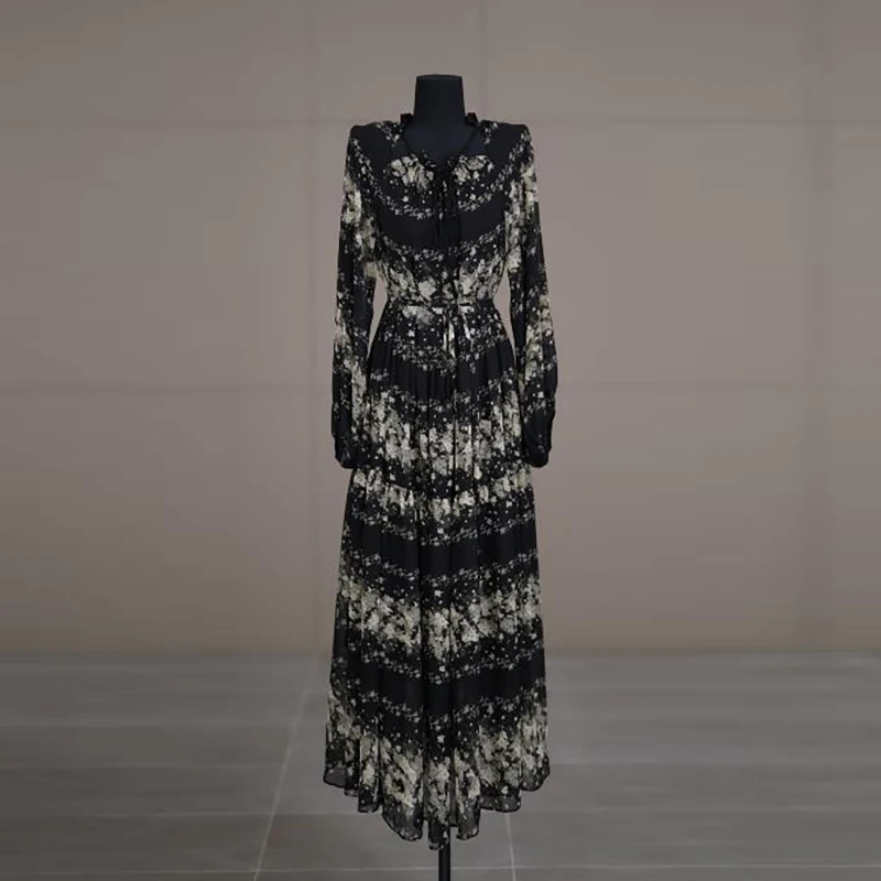 长乐未央  2024黑色横条纹碎花优雅高腰显瘦中长款圆领长袖连衣裙