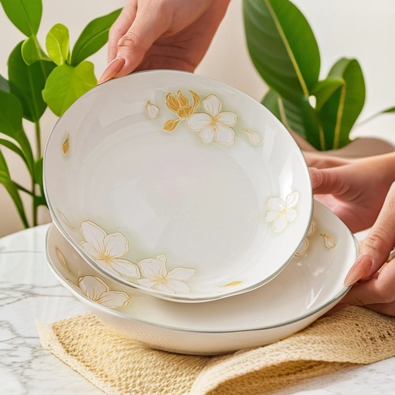 【黄金叶】碗碟不锈钢中式创意陶瓷餐盘家用描金一次性杯子100只