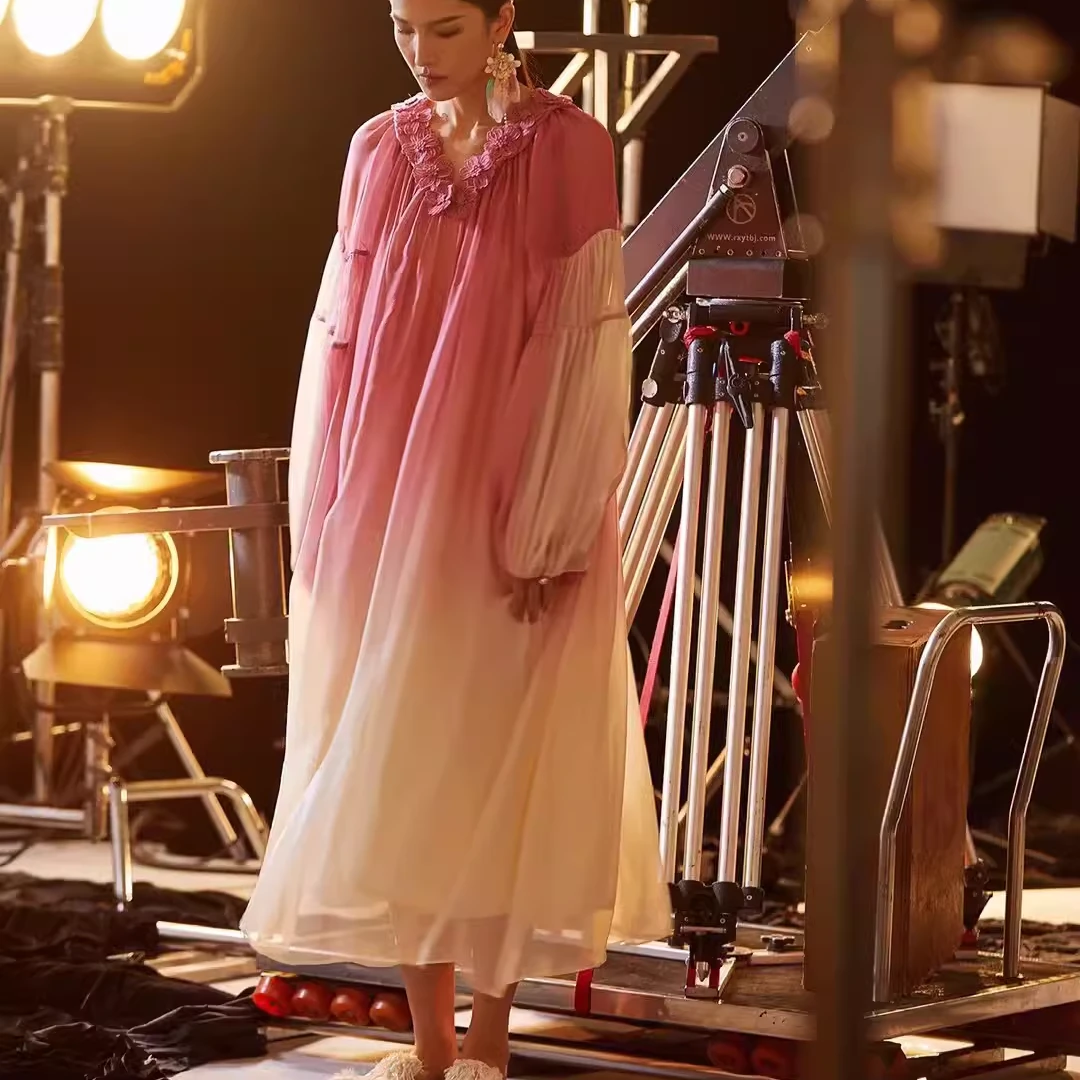 2024夏季新款宽松性感薄款纱裙渐变色大摆仙女裙连帽连衣裙