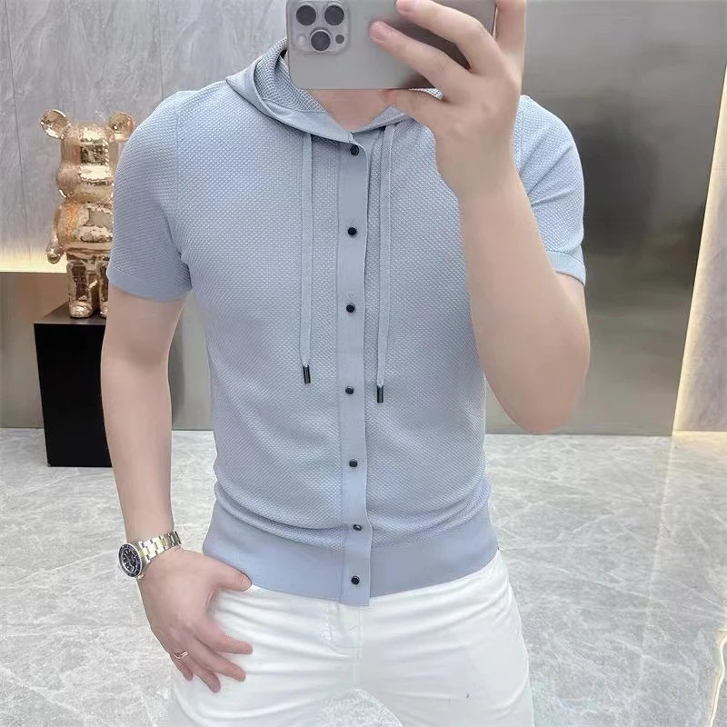 高档连帽短袖T恤冰丝伊力特男半袖针织时尚休闲轻奢品质男装8091