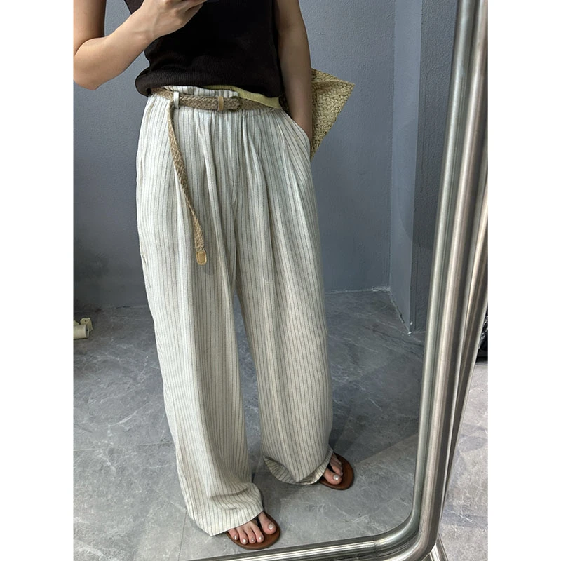 【空气条纹裤子】韩版宽松垂感直筒阔腿休闲裤子配腰带 ZUS2410104