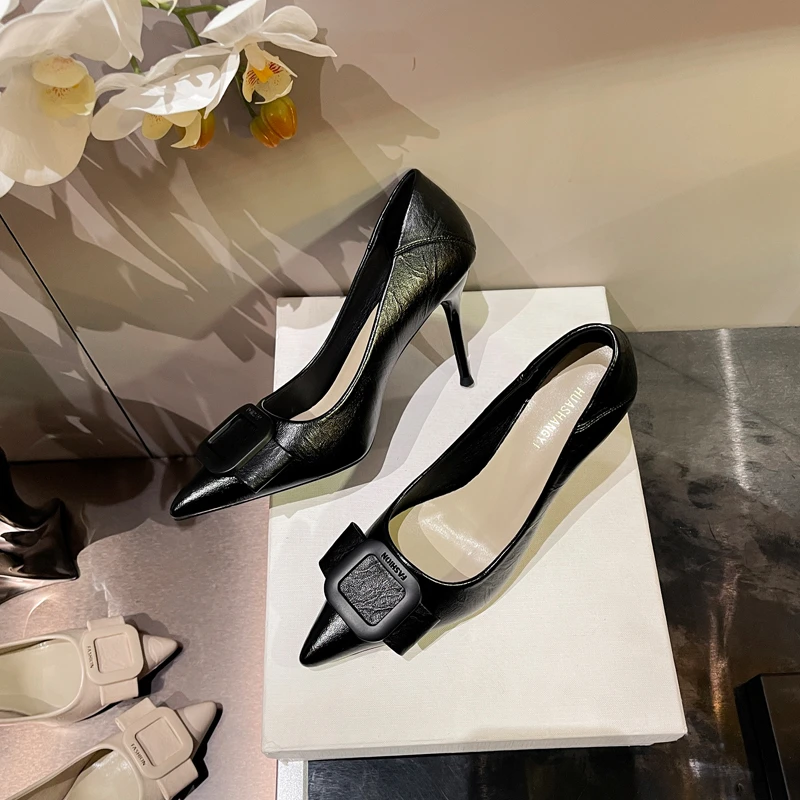 软皮细跟尖头高跟鞋2023秋季新款舒适百搭职业工作女单鞋性感女鞋