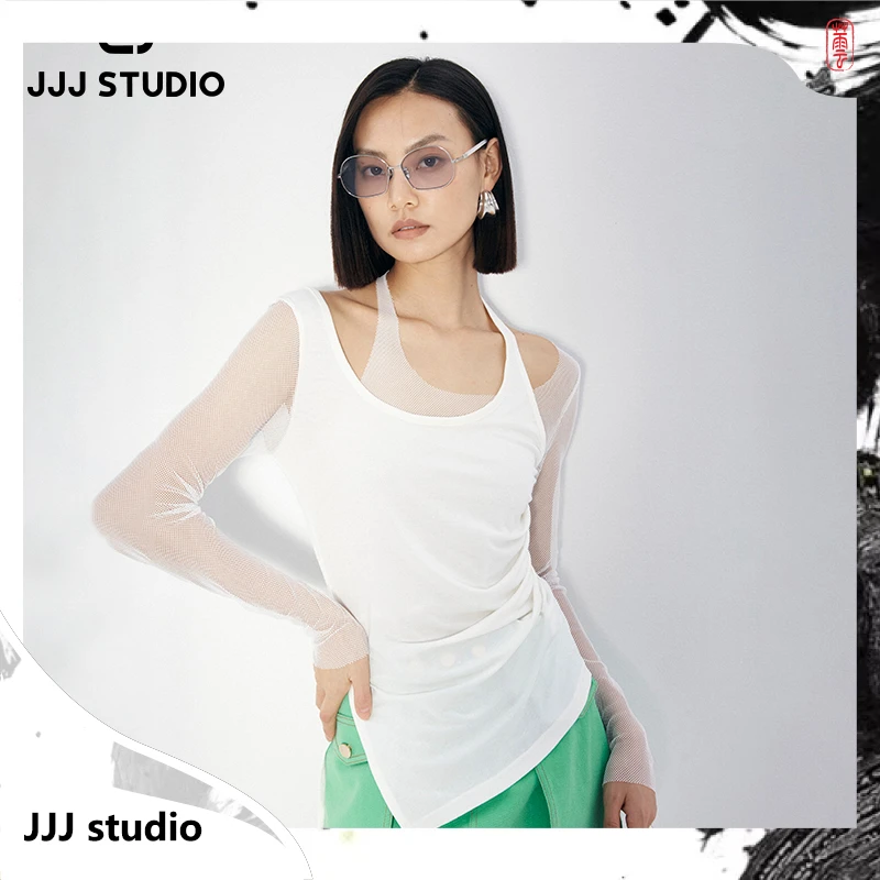 JJJ STUDIO 白色假两件错位设计透气时尚长袖上衣女装 JKWFS1N091