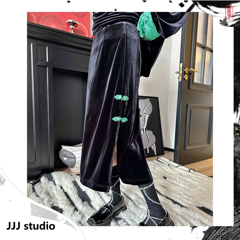 JJJ STUDIO黑色中式盘扣丝绒奢华侧开叉设计半身裙女装JLWSW1Q303