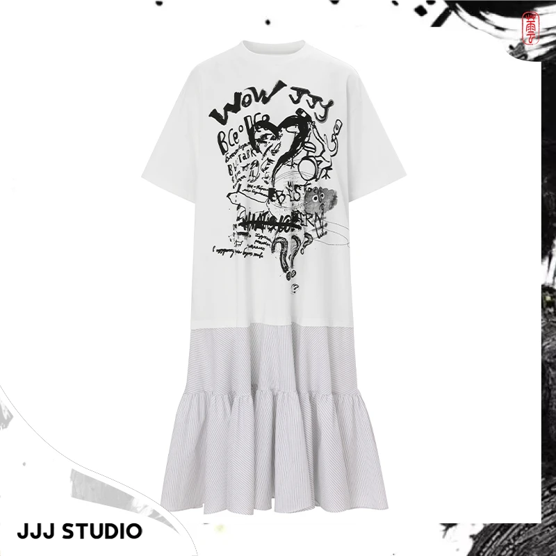 JJJ STUDIO 白色拼接撞色设计感涂鸦风印花百搭连衣裙 JLWFS1L024