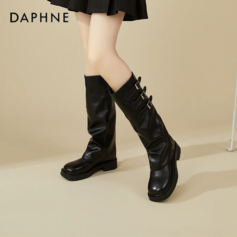 达芙妮黑色长筒靴女2025春秋新款厚底骑士靴西部牛仔早秋高筒靴子