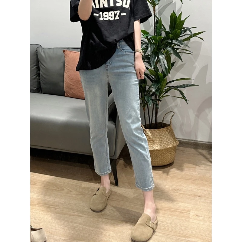 薄款大码女装弹力开叉直筒九分牛仔裤女款显瘦超薄八分烟管裤女