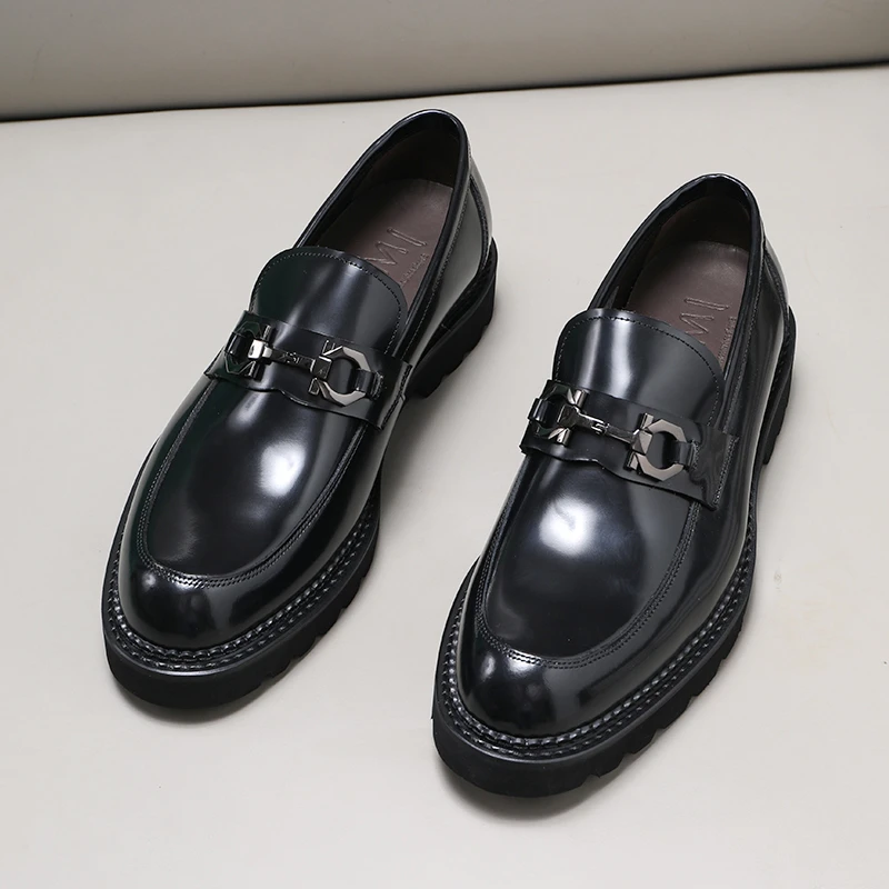 真皮新潮英伦风马衔扣正装商务鞋厚底一脚蹬休闲皮鞋男牛津鞋婚鞋