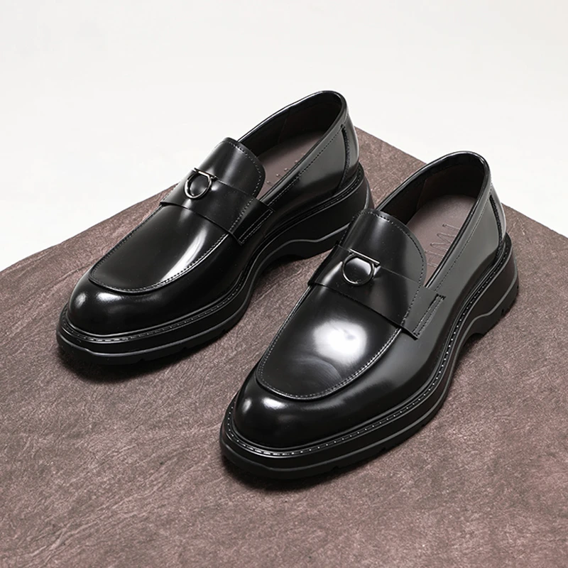 头层牛皮乐福鞋男款厚底亮面休闲皮鞋英伦新款商务正装懒人鞋潮流