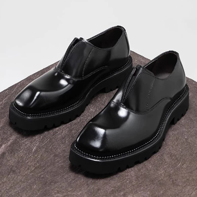 头层牛皮高品质手工擦色商务休闲皮鞋一脚蹬厚底英伦风德比鞋婚鞋