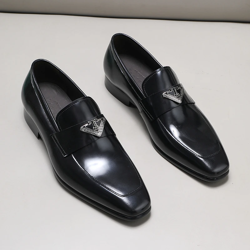 新款T字方头套脚男士休闲皮鞋英伦擦色亮面透气一脚蹬真皮乐福鞋