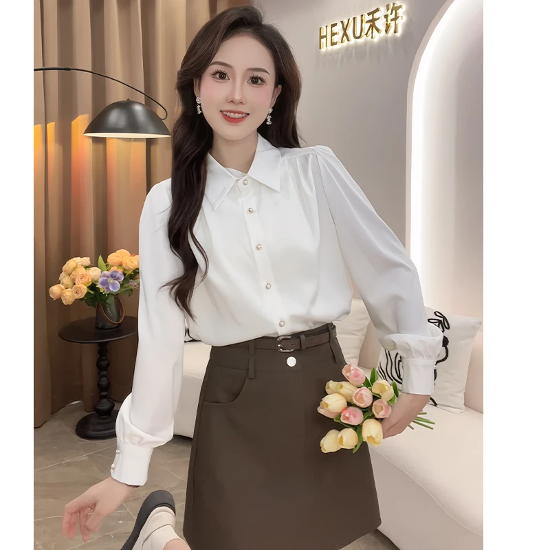 法式POLO领长袖衬衫女2025春设计感小众宽松喇叭袖气质衬衣潮