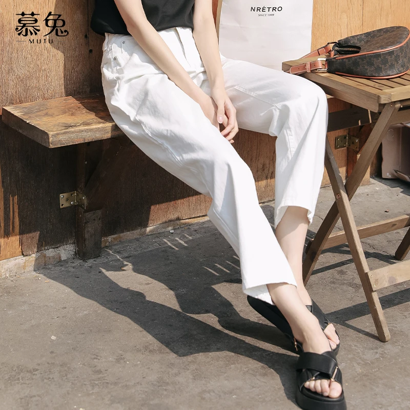 慕兔ins小个子白色牛仔裤女2024年新款夏季高腰显瘦阔腿长裤子潮