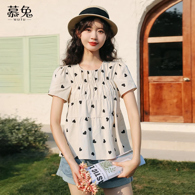 慕兔法式洋气减龄爱心短袖衬衫女2024夏季新款设计感小众褶皱上衣
