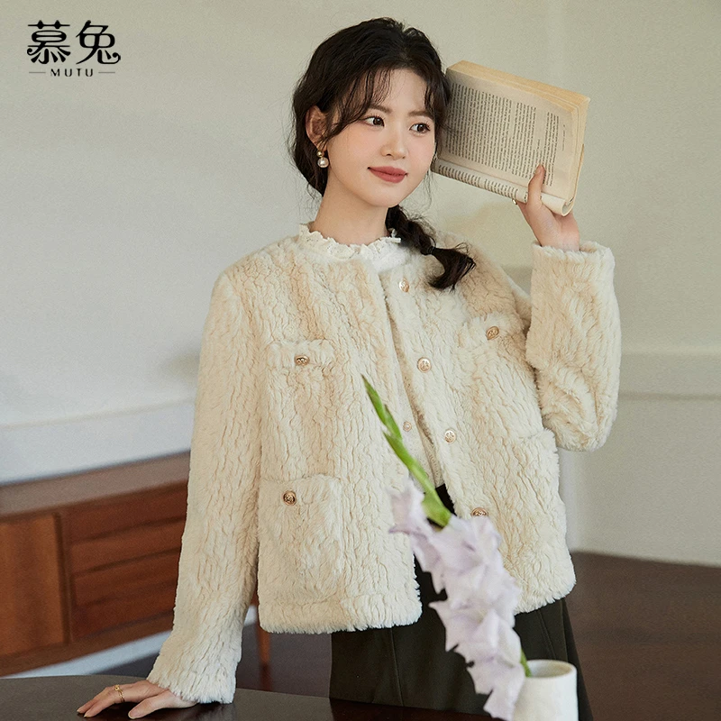 【主推：浅卡其】慕兔法式小香风仿羊羔毛外套女冬2024新款高级感
