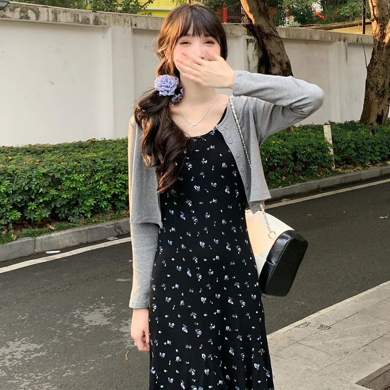 【拍下开衫+裙子】复古画报碎花吊带连衣裙女灰色针织开衫两件套