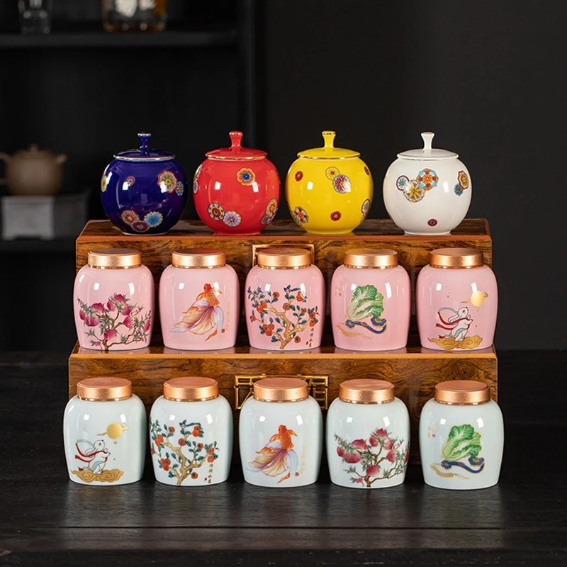 影青陶瓷茶叶罐单个迷你小号便携防潮红茶绿茶储物罐密封罐香粉罐