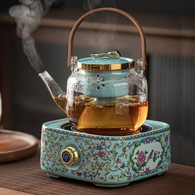 围炉煮茶家用室内烤茶珐琅彩电陶炉一套蒸茶器煮茶器简约中式茶壶
