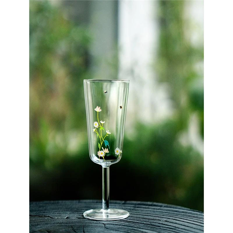 小雏菊玻璃直筒高足杯茶杯轻奢高档家用加厚主人杯酒杯高脚杯