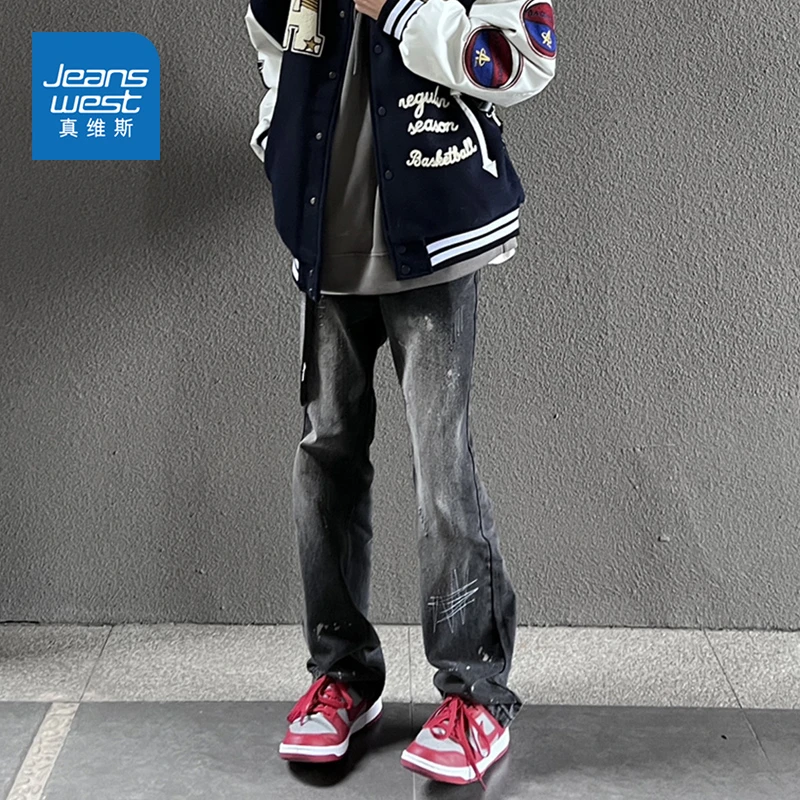 Jeanswest/真维斯美式高街黑色泼墨刺绣牛仔裤男士秋冬潮牌直筒裤