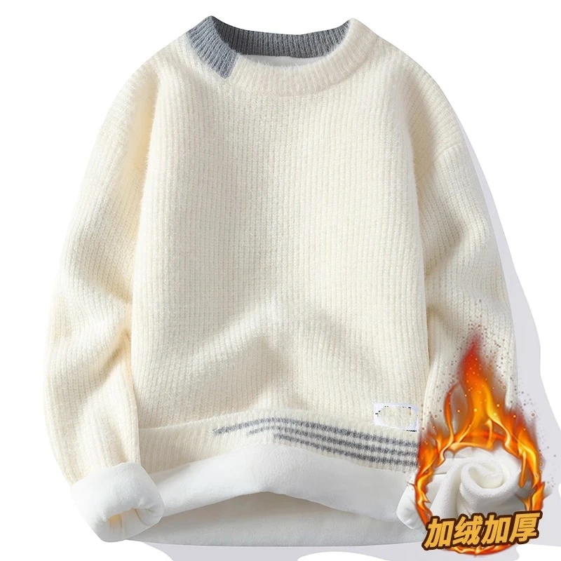 贝希缇汀圆领毛衣男秋冬款潮牌假两件长袖打底衫男士加绒针织衫