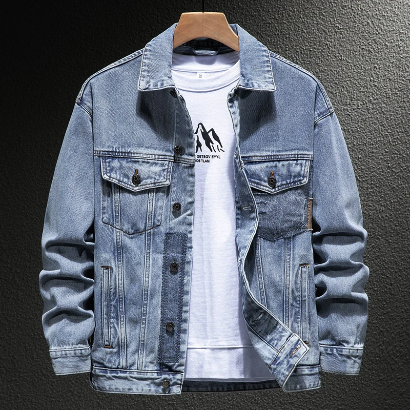 贝希缇汀美式重磅浅蓝白牛仔外套男春秋新款宽松机车贴布夹克上衣