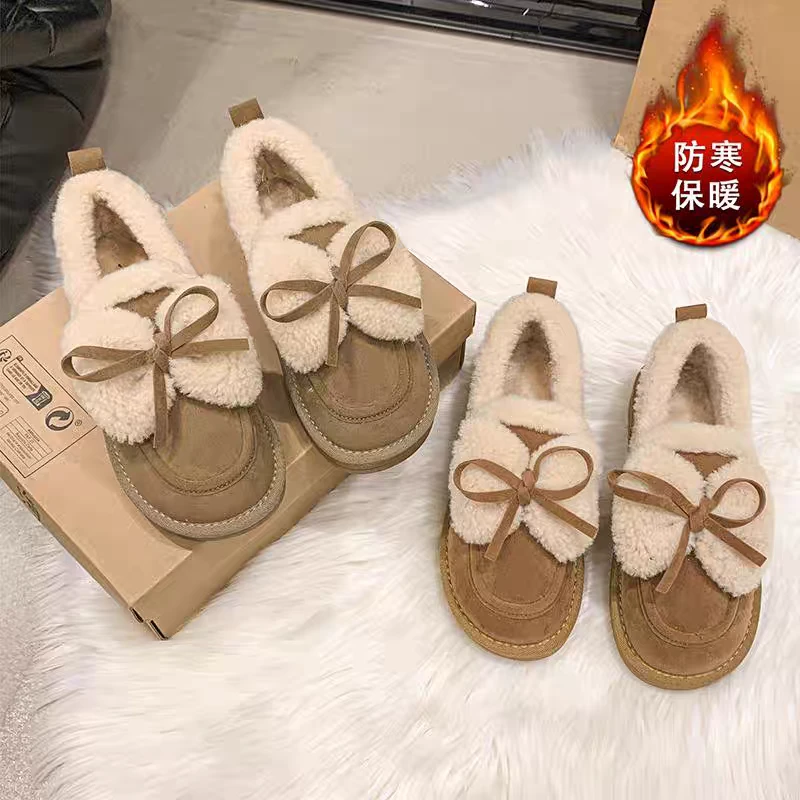 复古平底舒适毛毛女款2024新款秋冬时尚真皮百搭加绒蝴蝶结雪地靴