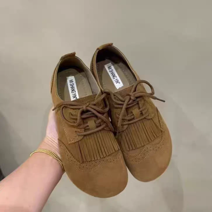 流苏休闲勃肯2024年秋季新款系带真皮复古圆头轻便平底大头丑萌鞋